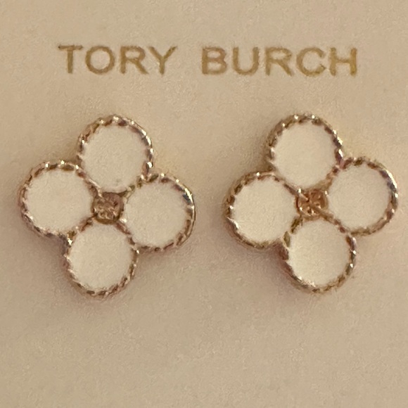 Tory Burch white enamel clover style Logo stud earrings - Picture 7 of 7